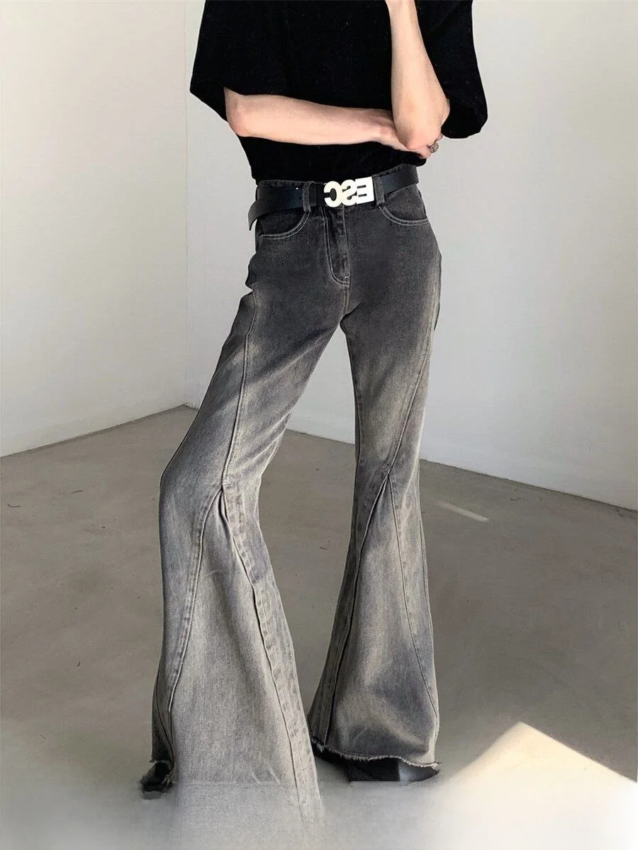 

High Waist Bell Bottom Jeans Men's Gradual Washed Denim Pants Long Leg Illusion Trendy Street Style Black Grey Ombre Jeans