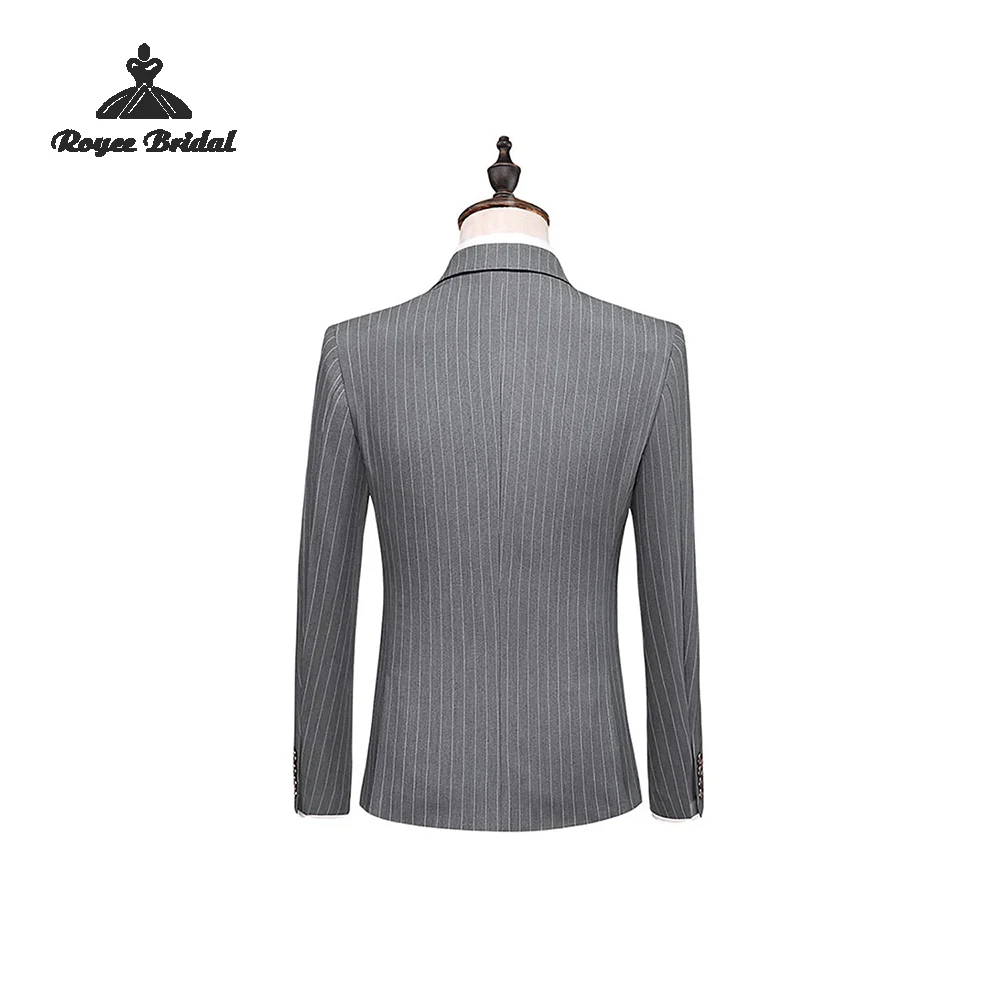 Three Piece Single Breasted Grey Pinstripe Men's Wedding Suit 2026 Notched Lapel Evening Prom Suit costume homme mariage