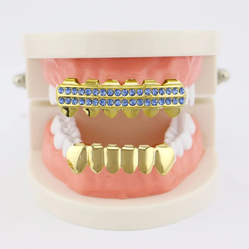 Hip Hop tutup gigi Grillz lapis emas, topi Rock Tooth Grillz kristal, topi gigi vampir Halloween