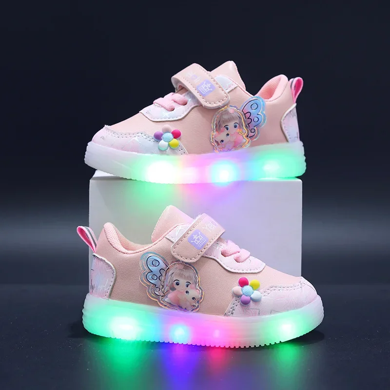 Spring New Children\'s Sports Shoes Leather Cartoon LED Illuminated Children\'s Sneakers Girls\' Casual Shoes 1-6 Years Old