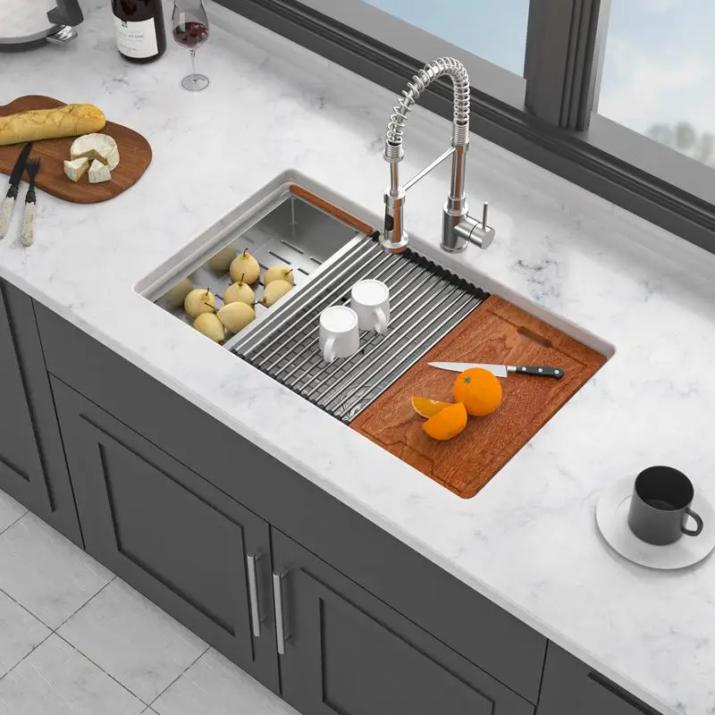 

33" White Ceramic Undermount Sink Workstation - Single Bowl Dual Mount Kitchen Sink