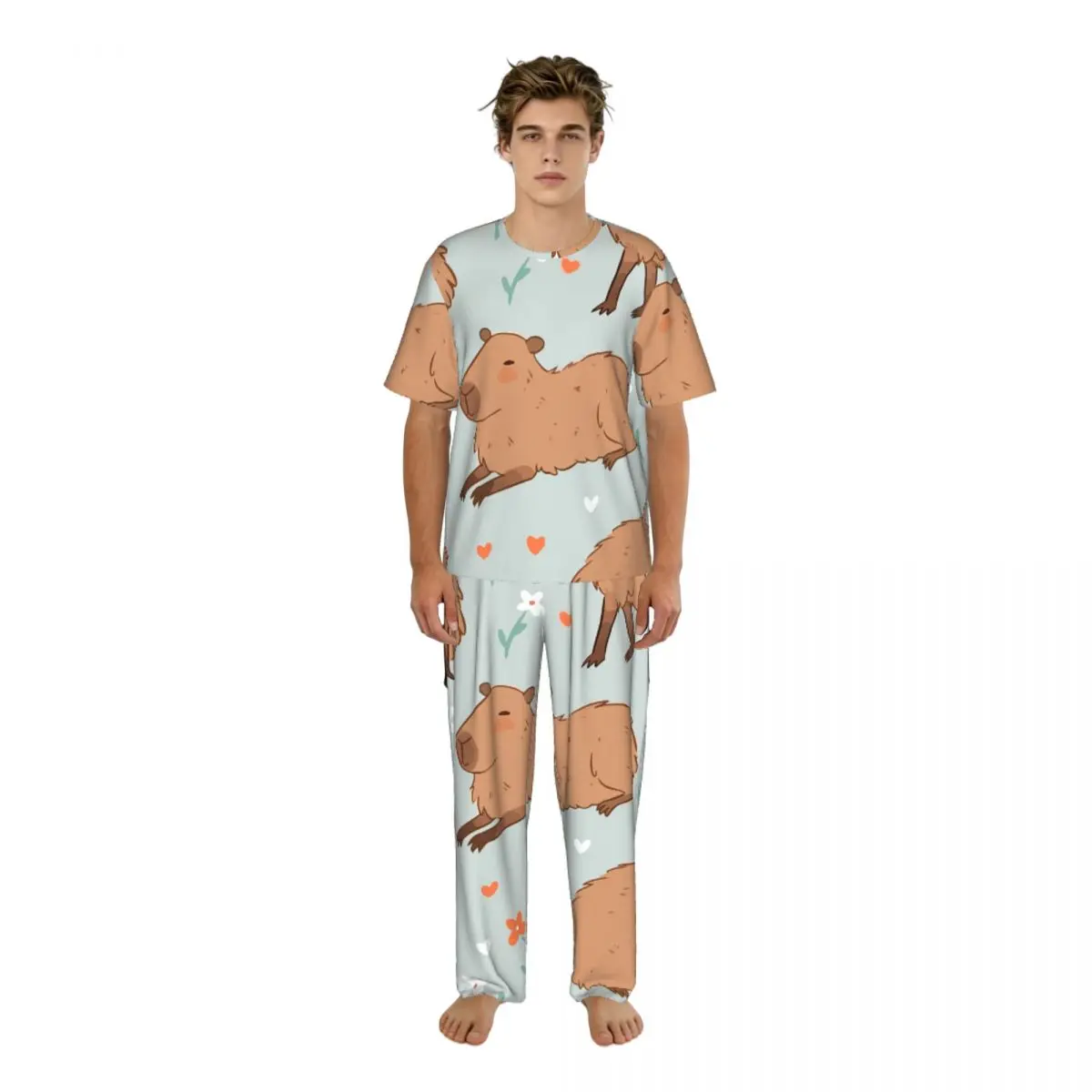 

Мужской комплект пижамы: летние шорты и футболка с коротким рукавом, домашняя одежда, пижамный костюм с милым принтом капибары и диких цветов