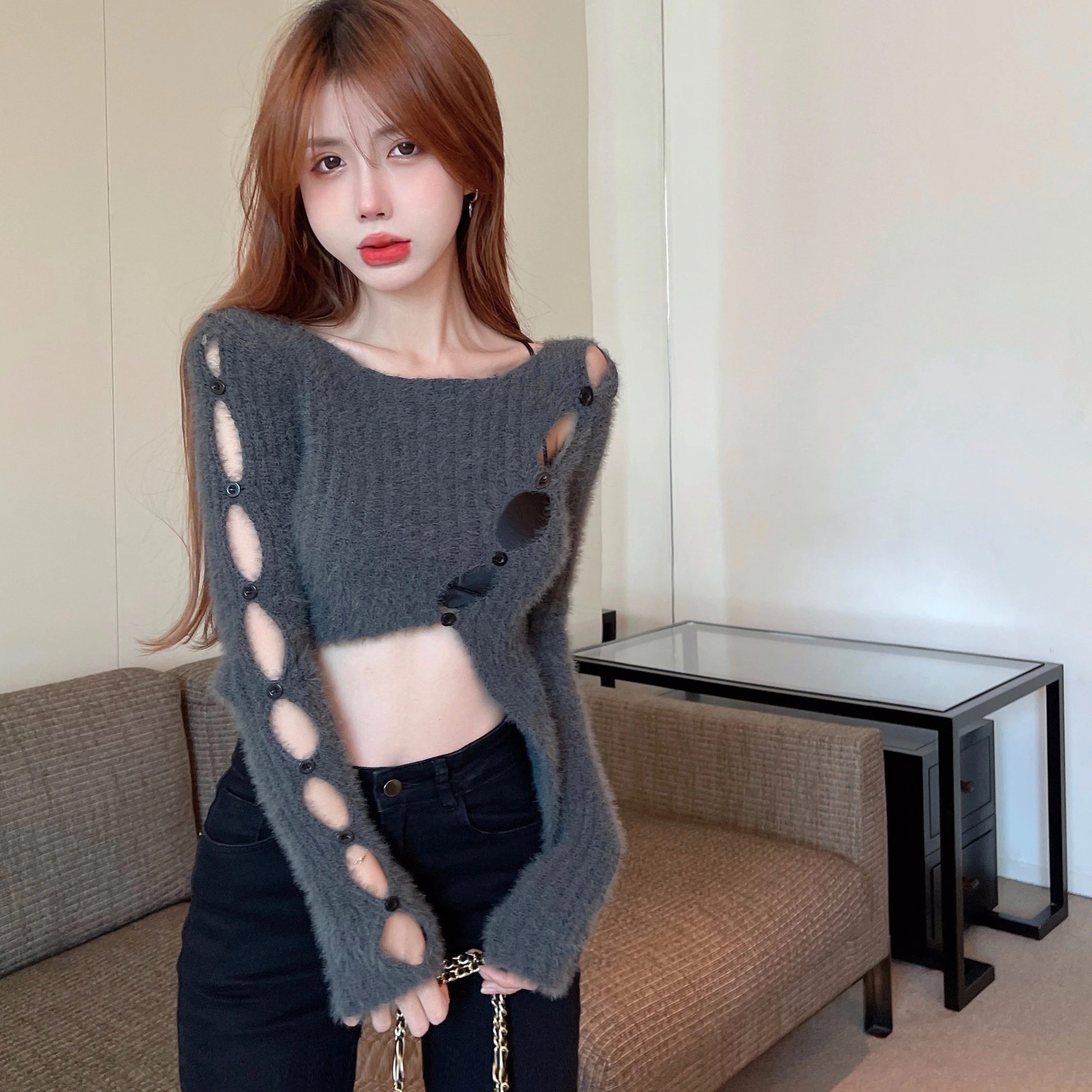 GAODINGLAN Long Sleeve Sexy Hollow Out Knitted Tops Women Irregular Slanted Placket Sweaters Autumn Winter Slim Fit Crop Sweater