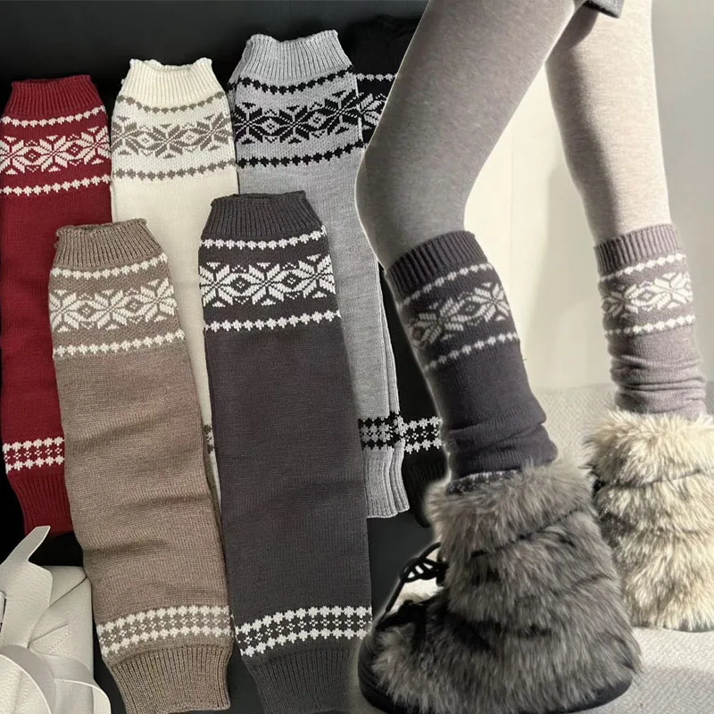 

Autumn Winter Knitted Leg Warmers Lolita Snowflakes Slim Soft Warm Gray White Retro Ankle Socks Ins Styles Boot Cuffs Leg Cover