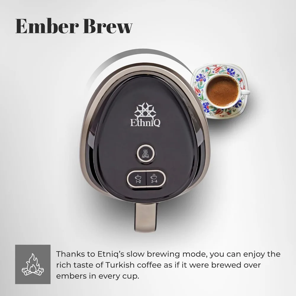 ماكينة صنع القهوة التركية ETHNIQ - خالية من مادة BPA بنسبة 100%، 120 فولت، سعة تخمير من 1 إلى 4 أكواب مع تقنية تحسس الطبخ لكوب لذيذ من T