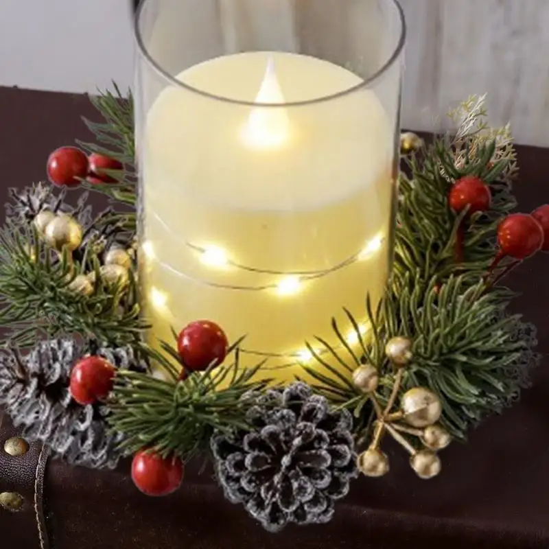 Pine Needle Candlestick Wreath for Christmas Table Decoration Artificial Leaves Candle Ring Candlestick Garland Home Decor