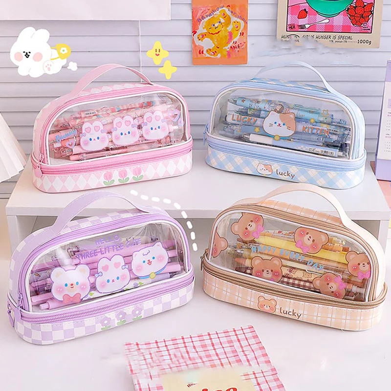 Cartoon Pencil Case Transparent Rabbit Bear Large Capacity Stationery Organizer Makeup Storage Pouch Protable Stationery Supply