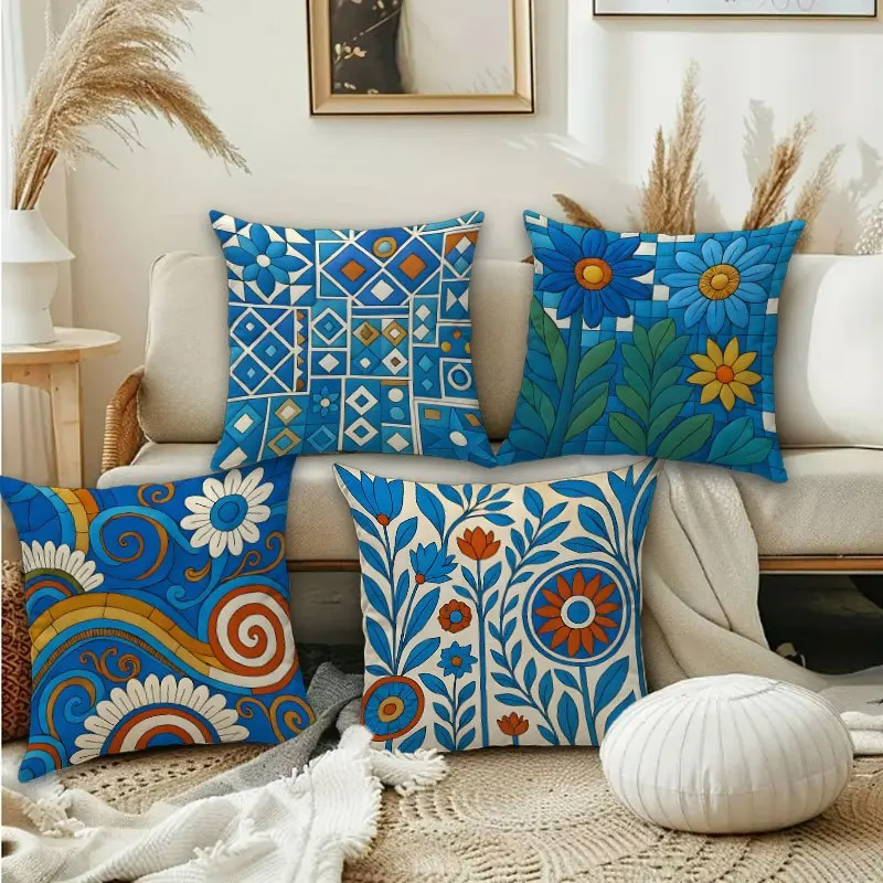 

4pcs Blue geometric pattern double-sided Printed pillow cover Short plush Suitable living bedrooms sofas throw cushion cover