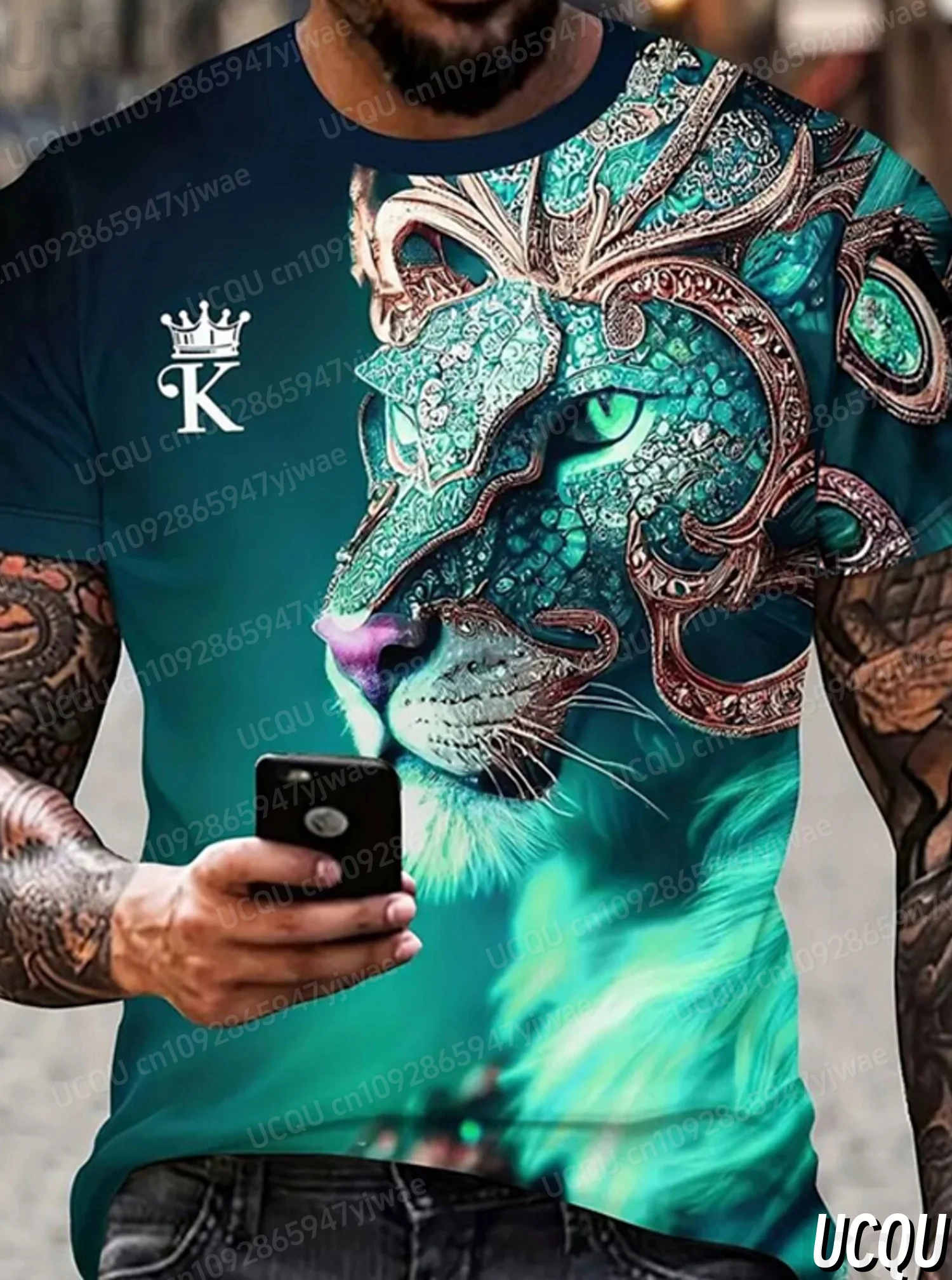 2025年夏 メンズ グラフィック 3D ライオン プリント ファッション 半袖 Oネック Tシャツ メンズ服 カジュアル Tシャツ ストリートウェア