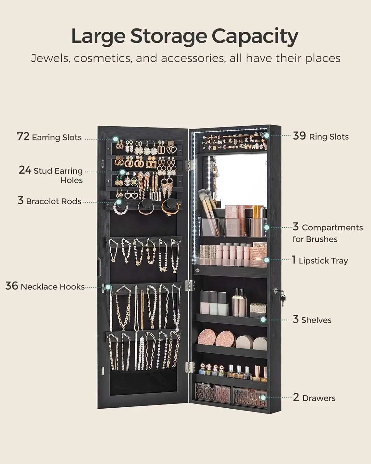 SONGMICS Jewelry Cabinet Armoire Organizer con luci a LED, armadio portaoggetti a parete con specchio senza cornice a figura intera, Buil