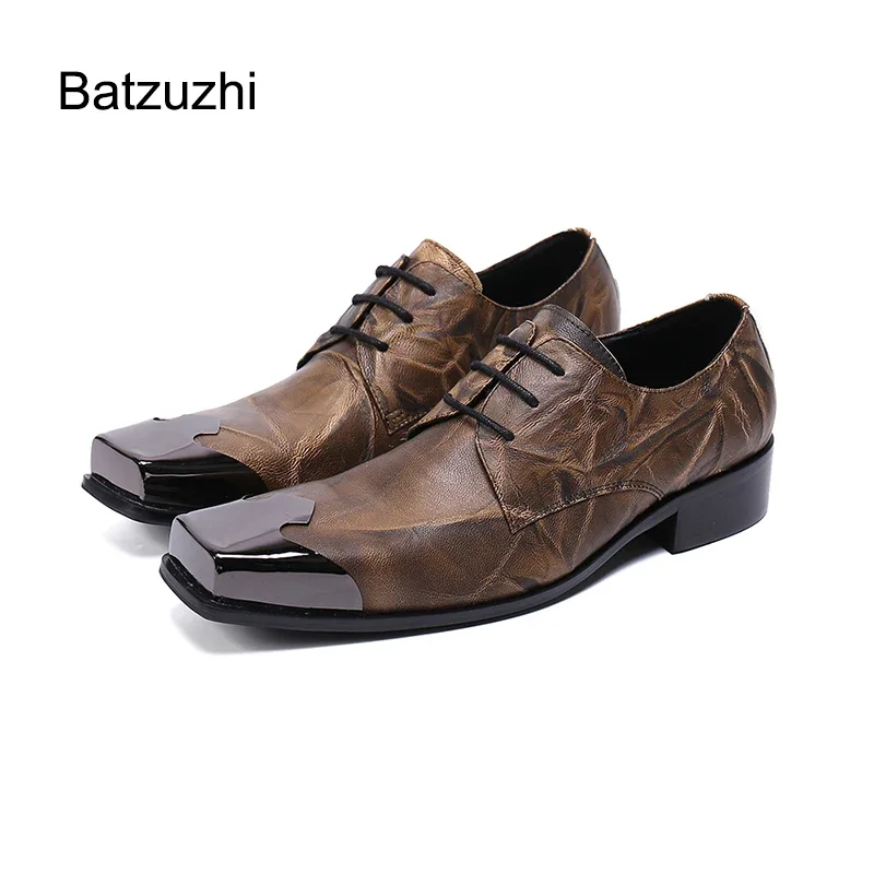 

Batzuzhi Brown Leather Dress Shoes Men Handmade Men's Shoes Square Toe Lace-up Formal Business Shoes Men Zapatos Hombre, EU38-46