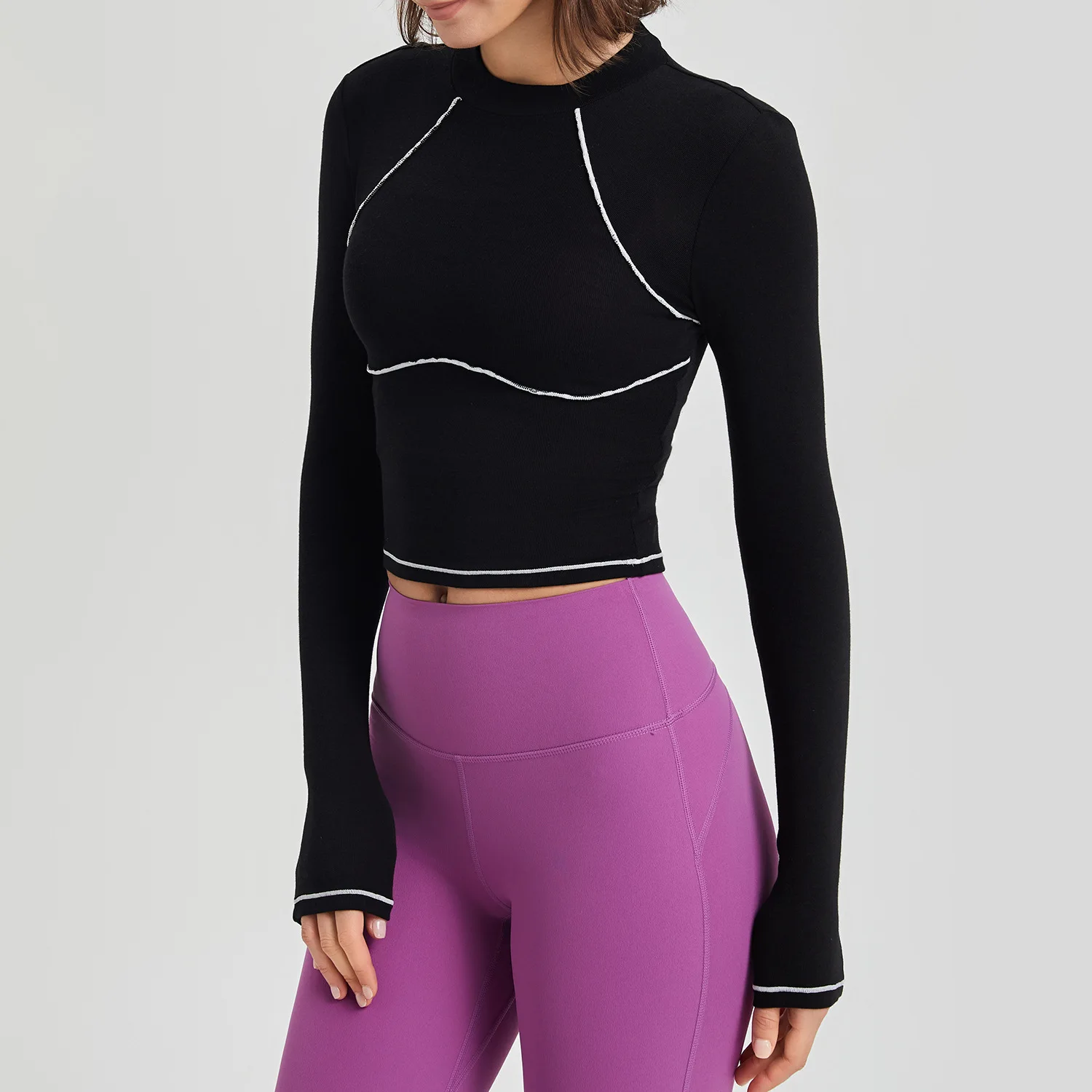 Long Sleeve Yoga Shirt Women Solid Color Striped Slim Fit Gym Running Top Round Neck BlouseBreathable Soft Workout Sportswear