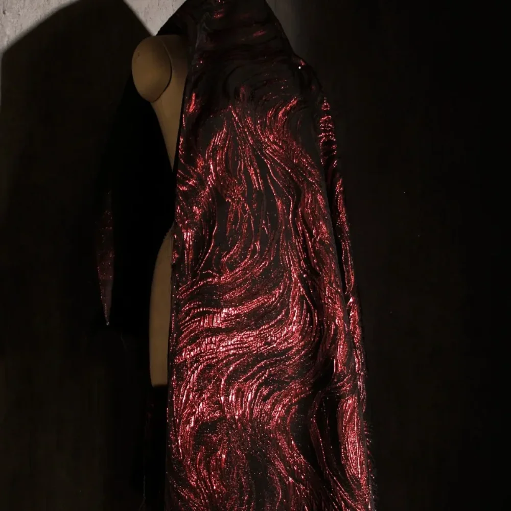 

Black Red Relief Jacquard Fabric for Creative Pants Stage Background Clothing Designer Fabrics By The Meter Diy Sewing Cloth