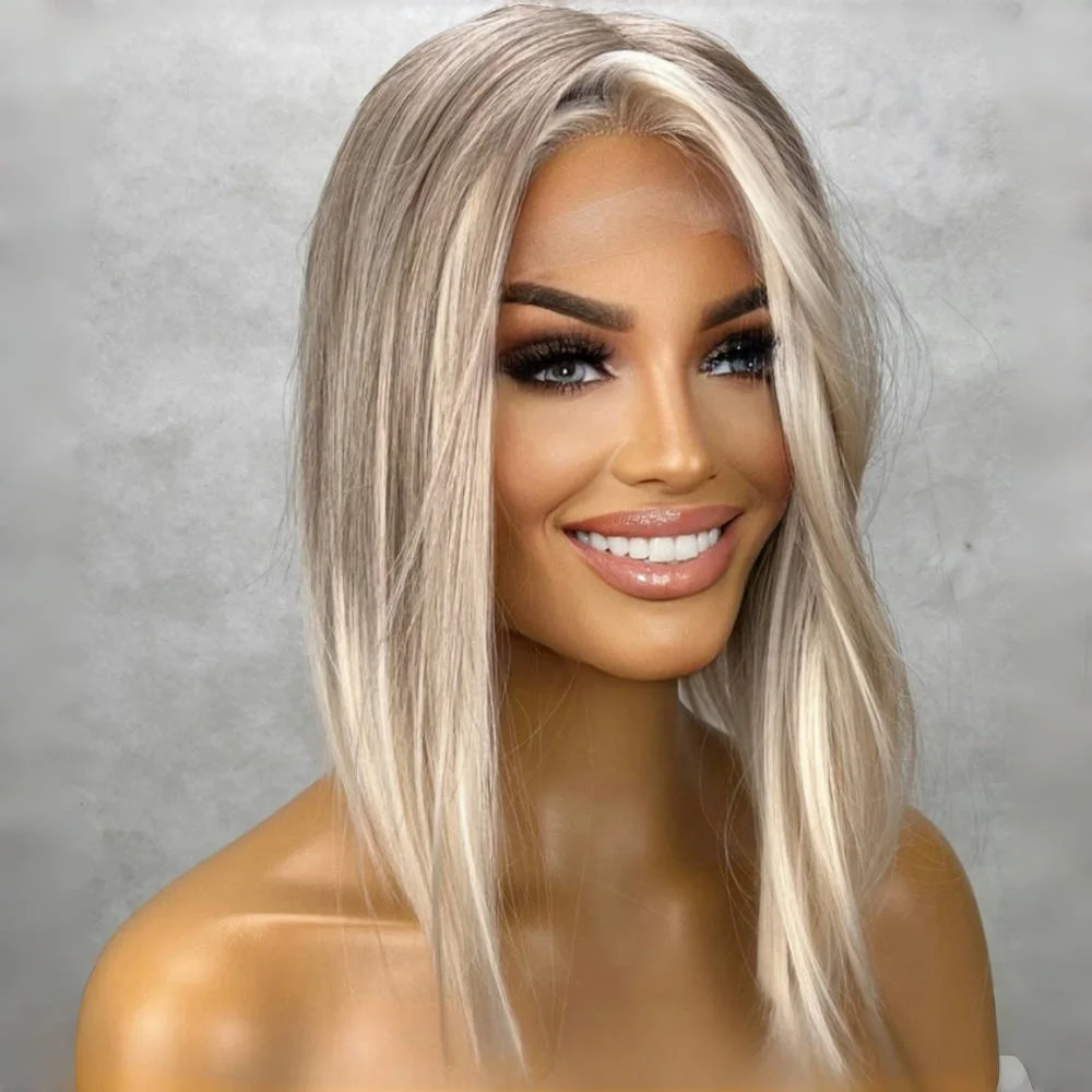 Ombre Ash Blonde Bob Lace Front Wigs Ombre Platinum Blonde Highlight Balayage Color Japanese Synthetic Heat Resistant Wigs