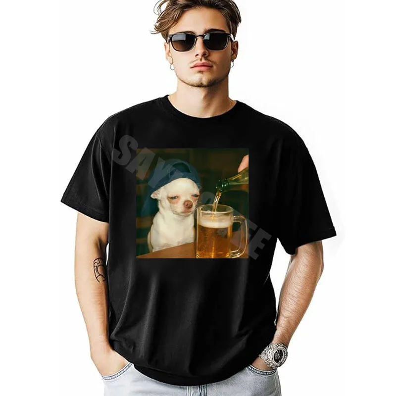 Funny Chihuahua Beer Meme Dog Reaction T-Shirt Y2k Humor Funny Silly Dog Mood Graphic Outfit Personality Saying Tee Novelty Gift