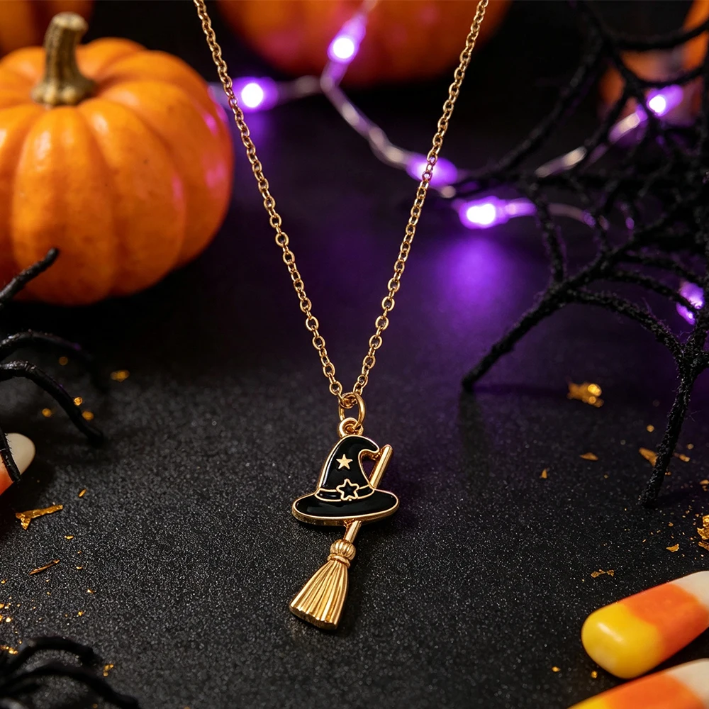 Halloween Witch Hat Broom Necklace, Magic Star Wizard Hat Enamel Clavicle Chain, Holiday Accessory Available in Two Colors