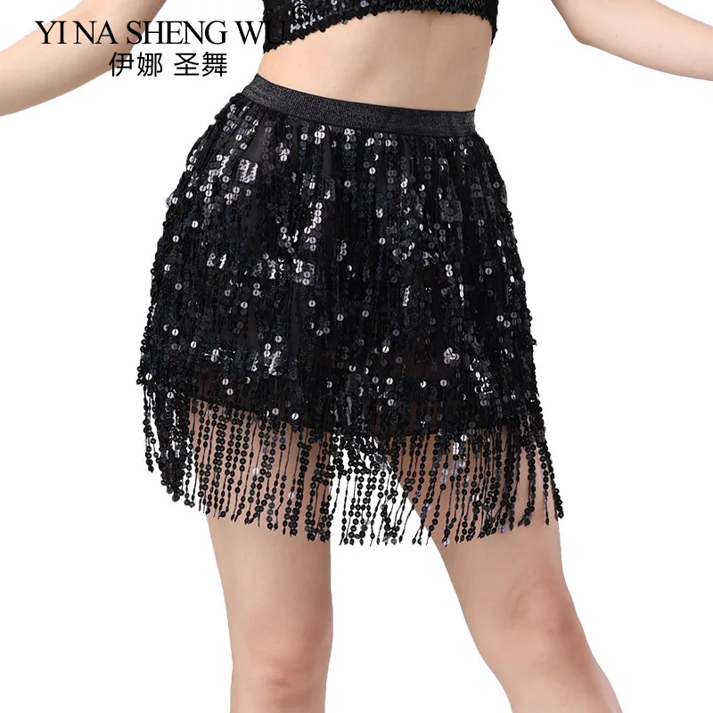 Sexy Women Belly Dance 4-layer Sequins Tassel Skirts Elegant Mid-rise Solid Slimming Skirt Latin Dance Stage Performance Outfits