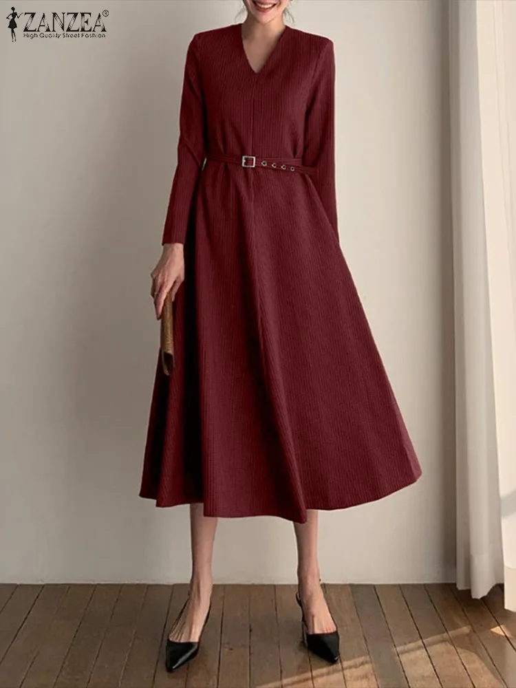 

ZANZEA Womens Corduroy Elegant Midi Dresses FW 2025 New Casual V-Neck Long Sleeve Belted A-Line Long Dress Woman Clothes S-3XL