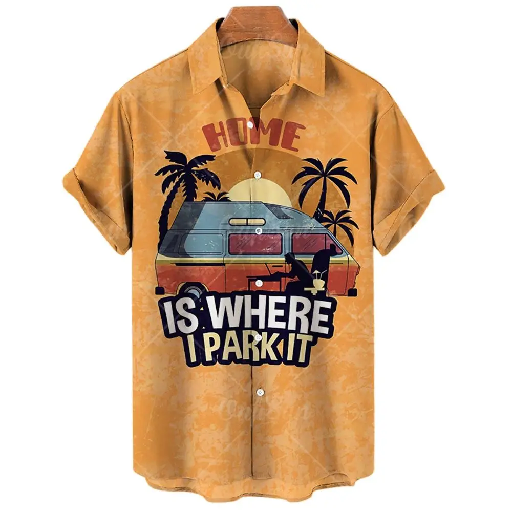 Seaside Holiday Men's Short Sleeve Shirt New Handsome Loose Sand Beach Of Hawaii Shirt 2023 New Vintage Car Pattern Men's Top