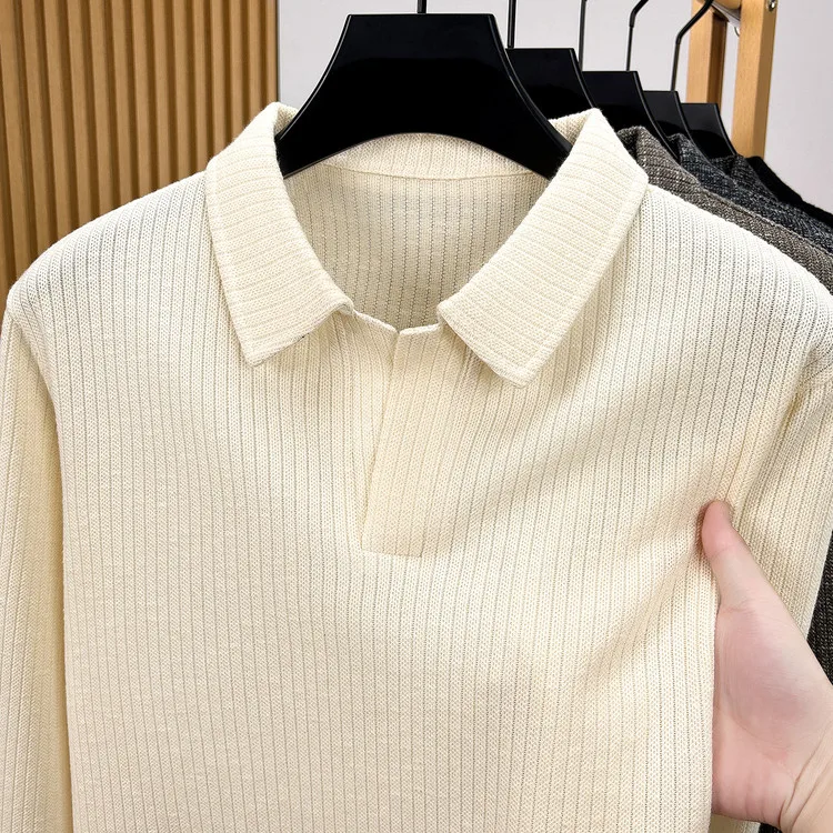 Herren-Polohemd mit Reverskragen, langärmelig, aus strukturiertem, geripptem Stoff, mit halber Knopfleiste, schmal geschnitten, weiches Strickoberteil, für den Alltag, lässige Herrenoberteile – Detail 3