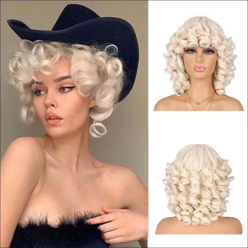 

Synthetic Short Platinum Curly Wigs for Women Brown Fake Hair with Bangs Cancer Patient Wig Gift Cosplay Wig