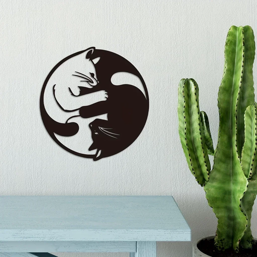 1pc, With Yin Yang Two Cats Wall Decor Metal Sign, Metal Wall Decor Statues Sculptures Home Garden Outdoor Ornaments Yard Decor