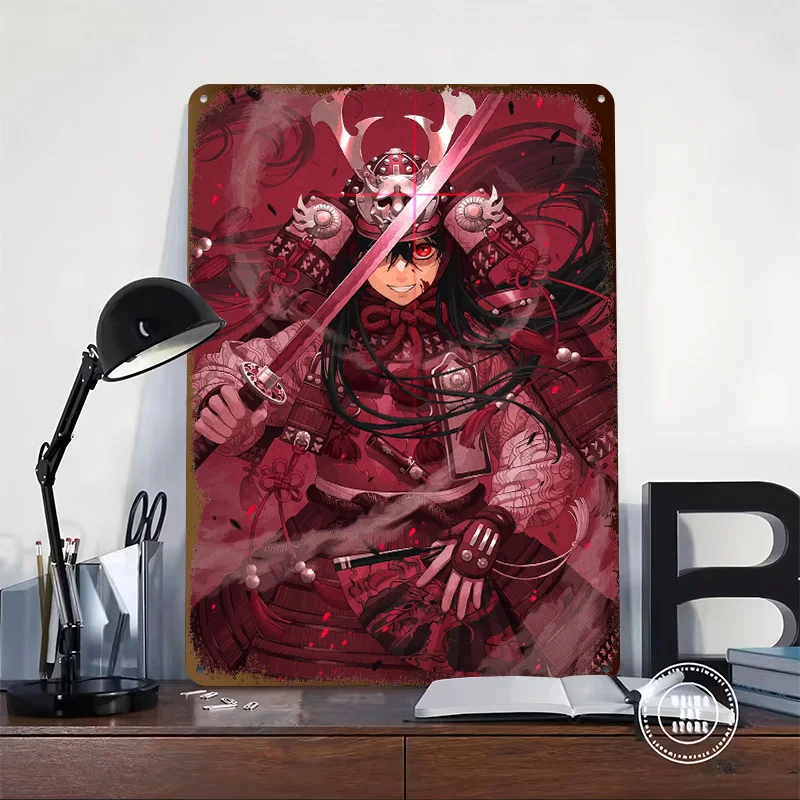 Red Samurai Warrior With Sword Printed Poster Customized Wall Art Retro Vintage Metal Tin Signs for Home Room Decorations Decor