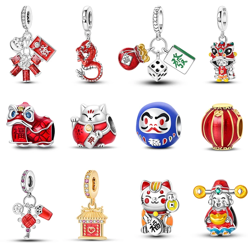 

925 Серебряный Цвет Бог Багатства Lucky Cat Фонарь Лев Танец Подвески Бусины Подходит Qikaola Оригинальный Браслет DIY Новогодние Украшения