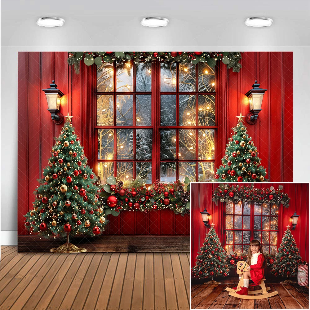 

Cosy Red Christmas Window Photography Backdrop Xmas Tree Lamp Background Adult Kids Portrait Photocall Photo Studio Props