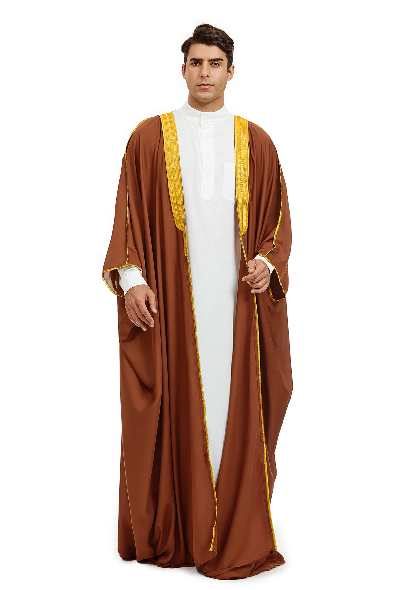 Saudi Arabic Men Bisht Robe Kimono Kaftan Muslim Prayer Islam Dress Dubai Jubba Thobe Abaya Turkey Eid Thoub Djellaba Dishdasha