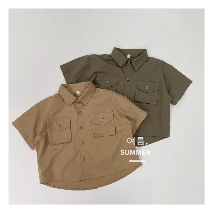 Korean Boys Turn-down Collar Shirt Summer Clothes Children Three-dimensional Organ Pocket Short Sleeved Shirt Trend