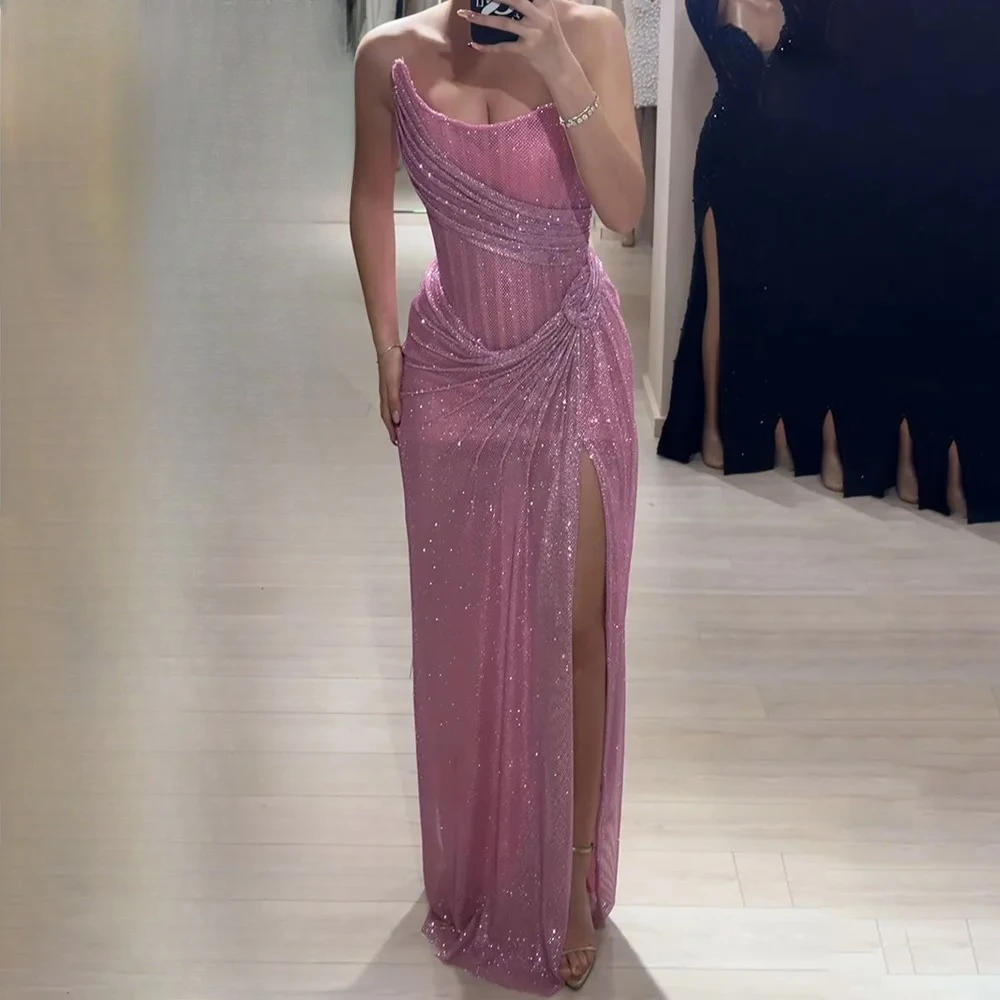 Customized Exquisite Evening Dresses Shiny Pleats Floor Length Mermaid High Quality Prom Dress Pleats Sexy Party Gowns for Women