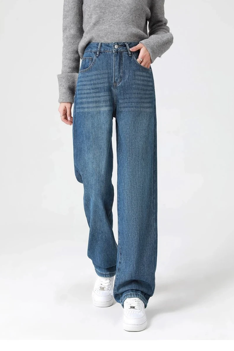 Light Blue Y2K High Waist Fleece Lined Women's Jeans Stretchy Loose Fit Streetwear Style Petite Friendly Comfort Jeans