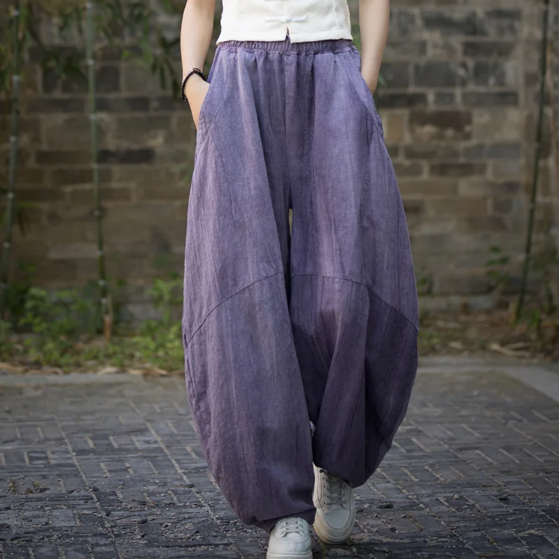 

Improved Casual Pants New Spring and Summer High-End Ramie Handmade Tie-Dyed Loose Wide-Leg Knickerbockers Trousers