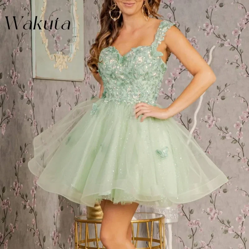 Wakuta Retro Strapless Sleeveless Italian Spaghetti Strap A-line Dress Sweetheart Lace Applique Holiday Evening Robe Dubai Luxe