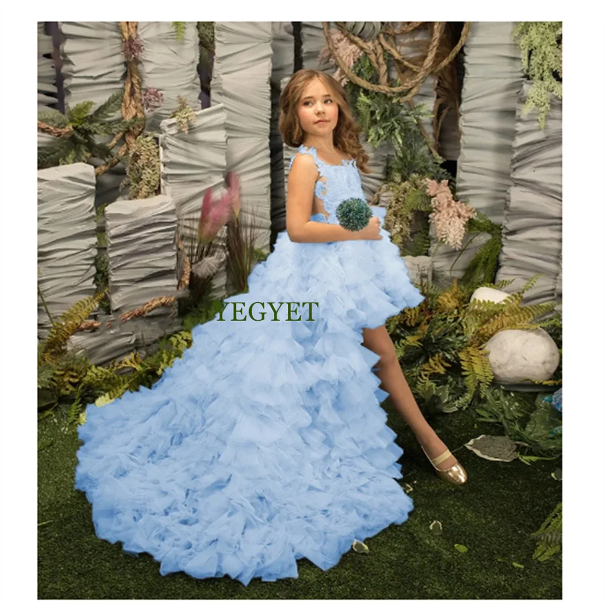 Birthday Flower Girl Dresses For Wedding 2 Piece Applique Princess Pageant Dress With Detachable Train Toddlers Tiered Tulle