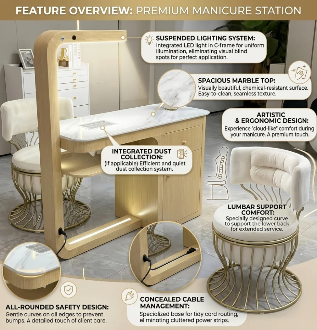 Nail Salon Furniture Modern Nail Salon Chair and Desk Luxury White Nail Table with Lamp