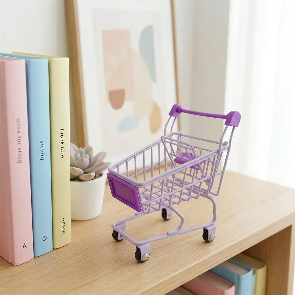 Creative Metal Mini Storage Basket Hollow Model Toy Trolley Container Organizer Grocery Cart Shopping Cart Storage Office