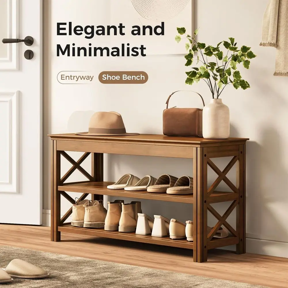 3-Tier Bamboo Shoe Storage Bench, Rustic Entryway Wood Bench, X-Brown, 31.5