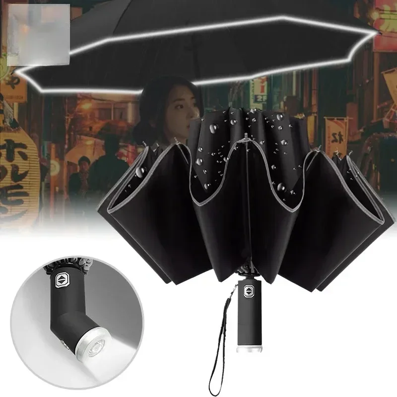 

LED Light Reverse Fully Automatic Umbrella Folding Portable Rainproof Windproof Widened Strong Durable Adjustable Angle Parasol