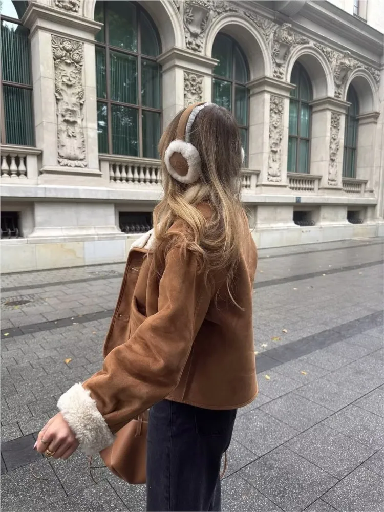 الخريف المرأة مزدوجة الوجه سترة عادية عالية الياقة كم طويل Pcoket سيدة عكسها فو الجلد المدبوغ معاطف الإناث شيك القمم