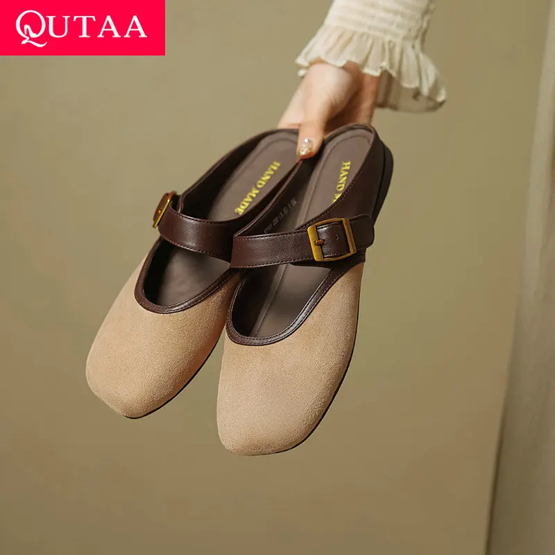 

QUTAA 2025 Fashion Slippers Summer Women Sandals Shoes Sexy Mid Heels Slingback Cow leather Party Pumps Shoes Office 34-39