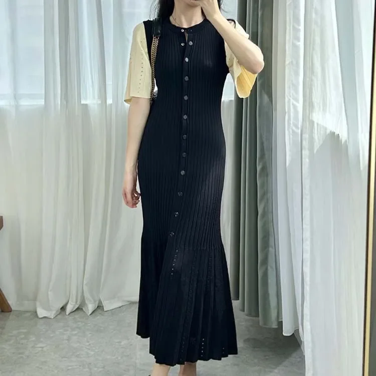 

Women Knitted Trumpet Midi Dress Hollow out Single Breasted Slim O-neck Short Sleeve Female Temperament Knit Robe