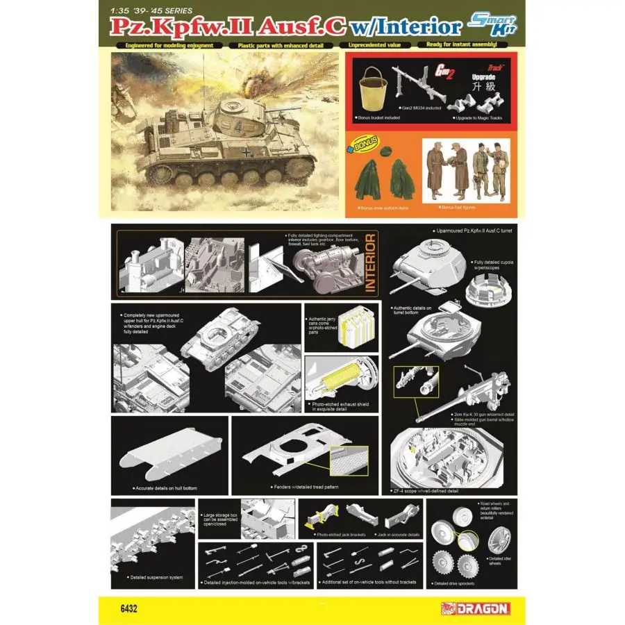 DRAGON 6432 1/35 Pz.Kpfw.II Ausf.C w/Interior (Magic Track, Bonus Figure Set, Metal Bucket, Uniform And GEN 2 )