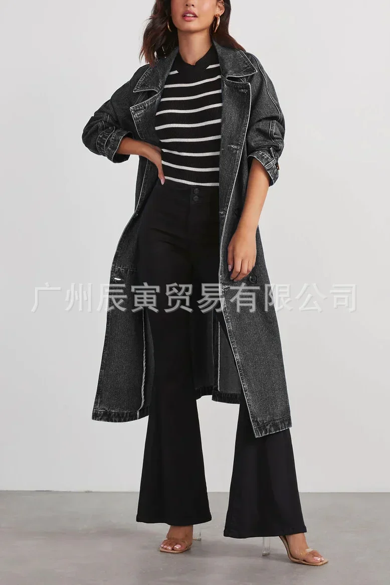 Women Trench Single Breasted Turn Down Y2k Denim Coats Pockets Jackets Loose Button Spring High Street Work Elegant Streetwear