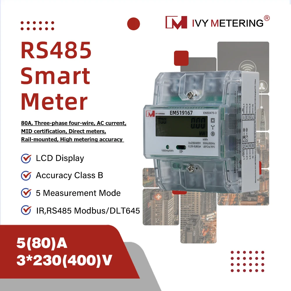 

IVY EM519167 Three Phase 4-Wire DIN Rail Energy Meter, 80A, RS485 Modbus, Bidirectional kWh, MID Certified (EN50470-3)