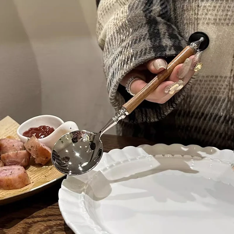 Stainless Steel Round Spoon Net Red Golden Dinner Long Handle Stirring Dessert Spoons For Kitchen Accessories Gadgets