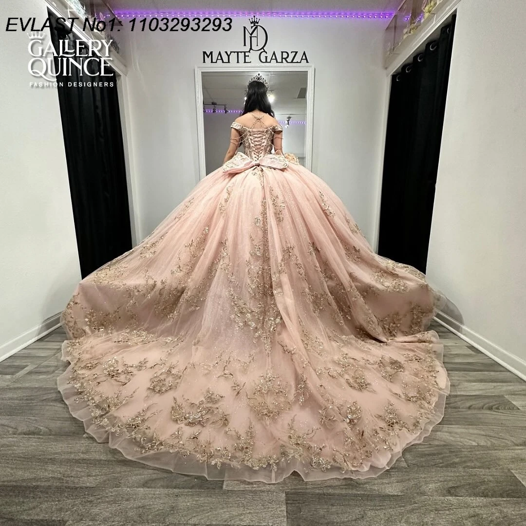 EVLAST Personalizzato Principessa Blush Rosa Abito Quinceanera Abito di Sfera Oro Applique di Pizzo Che Borda Dolce 16 Vestido De 15 Anos E1Q180