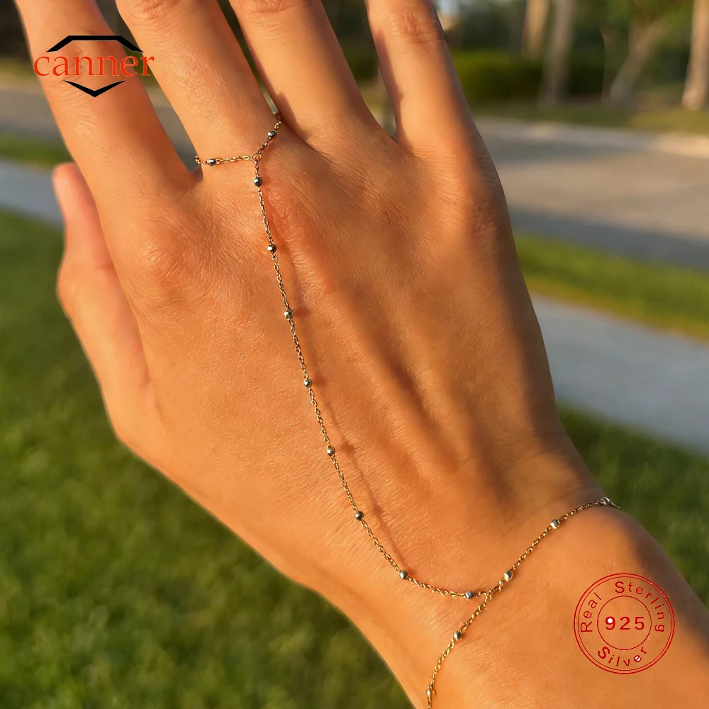 

CANNER 925 Sterling Silver Mini Bead CZ Sparking Bracelet Finger Chain For Women Ins Minimalism Hand Ring Chain Bracelet Jewelry