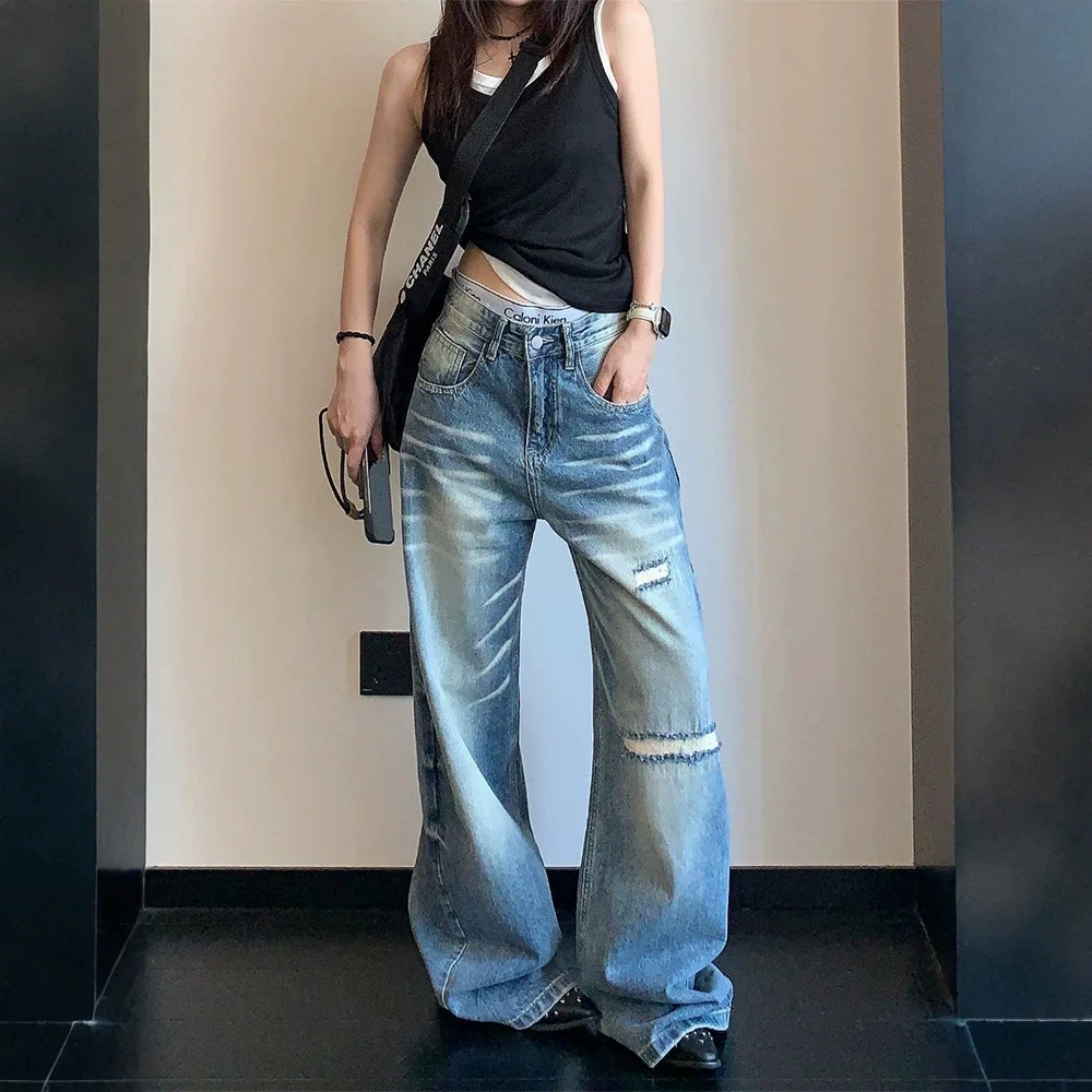Cat Whisker Ripped Scimitar Jeans Women's New Retro Old Loose Wide Leg Mopping Pants